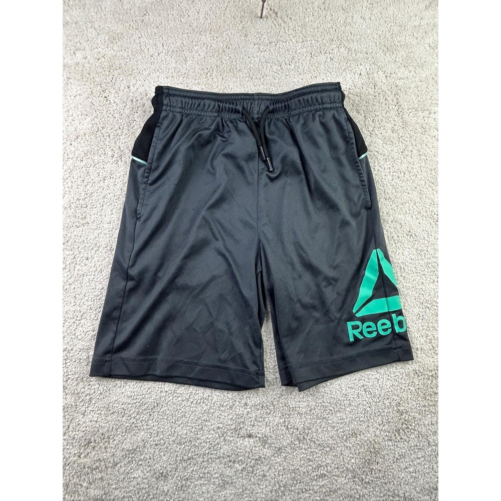Reebok Shorts Youth Large 10/12 Black Green Athletic Training‎ Mesh Logo Boys